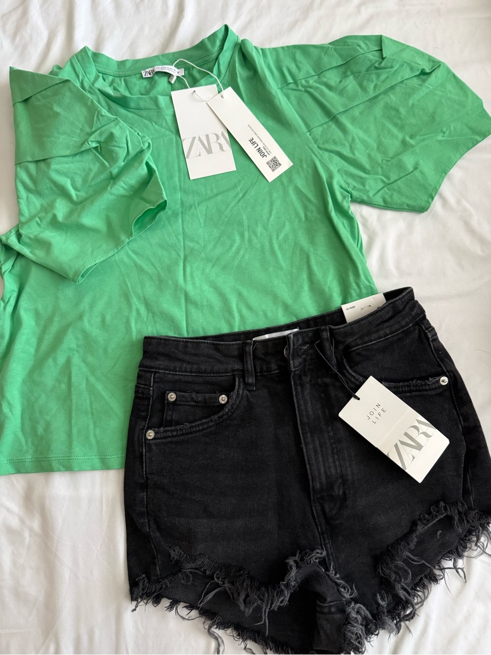 Zara Bright Green Tee with Black Distressed Denim Shorts